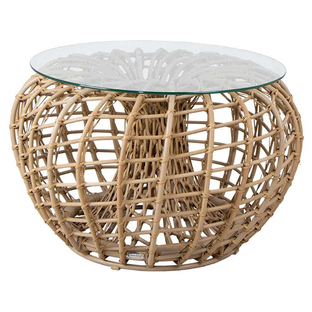 Cane-line Nest Beach Brown Woven Glass Top Round Outdoor Coffee Table - Small | Kathy Kuo Home