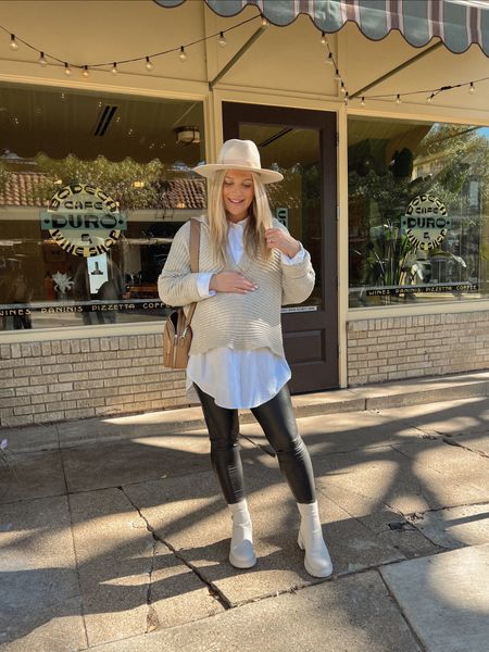 coffee date outfit! Fall outfit inspo, pregnancy style, winter outfit ideas. 
Hat is under $60 and one of my most worn accessories year after year. Wearing Maternity faux leather leggings, comfy booties, oversized button down, and amazing free people sweater! 

#LTKHoliday #LTKshoecrush #LTKstyletip