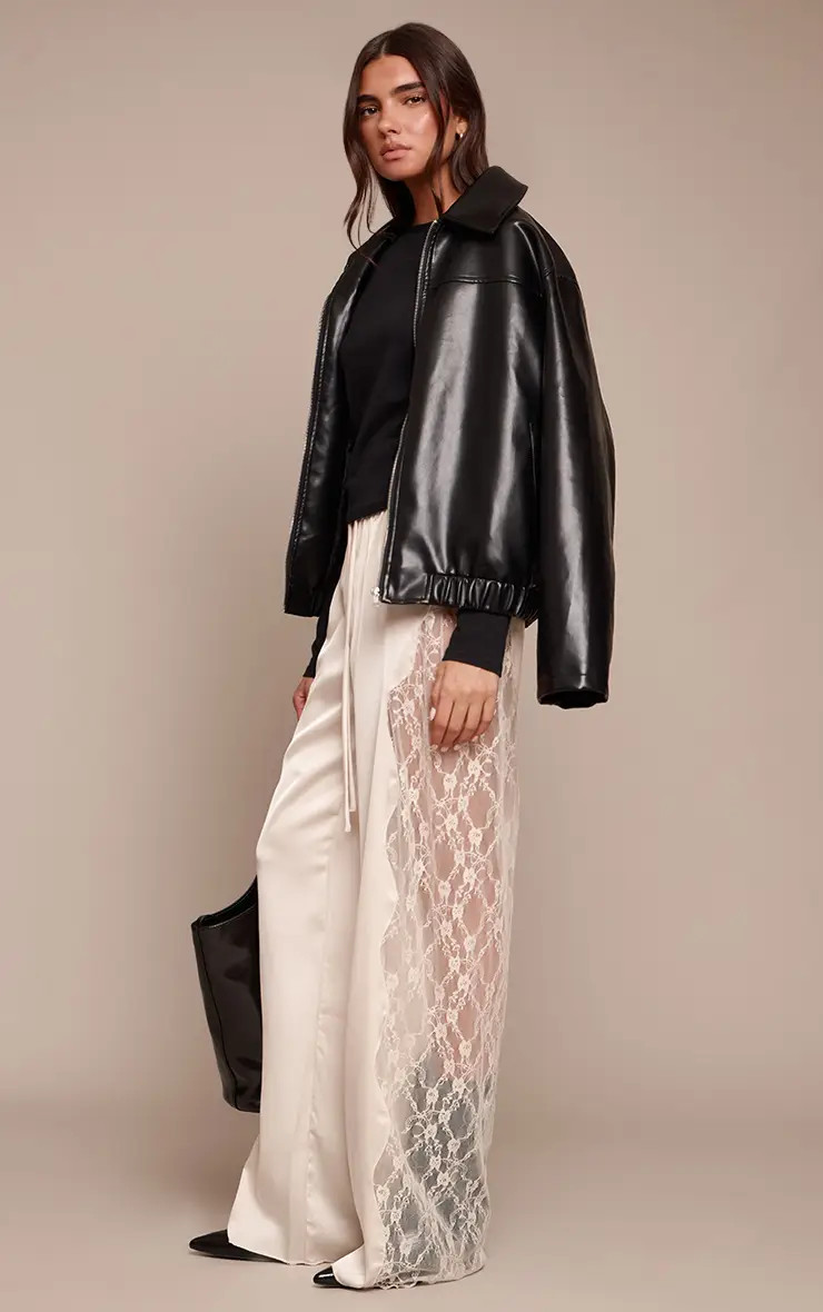 Cream Satin Lace Drawstring Trousers | PrettyLittleThing US