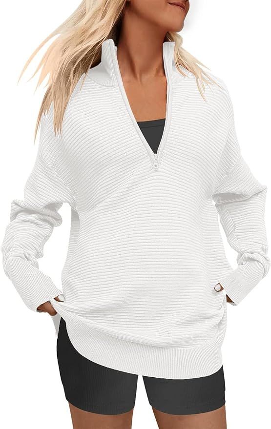 DEEP SELF Fall Women V Neck 1/4 Zip Pullover Stretch Sweater Long Sleeve Stand Collared Ribbed Kn... | Amazon (US)