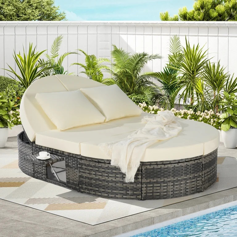 Harper & Bright Designs Outdoor Round Rattan Sunbed with Adjustable Backrests, Wicker Patio Daybe... | Walmart (US)