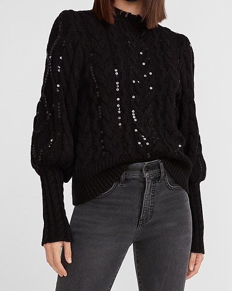 Sequin Cable Knit Tulle Neck Sweater | Express
