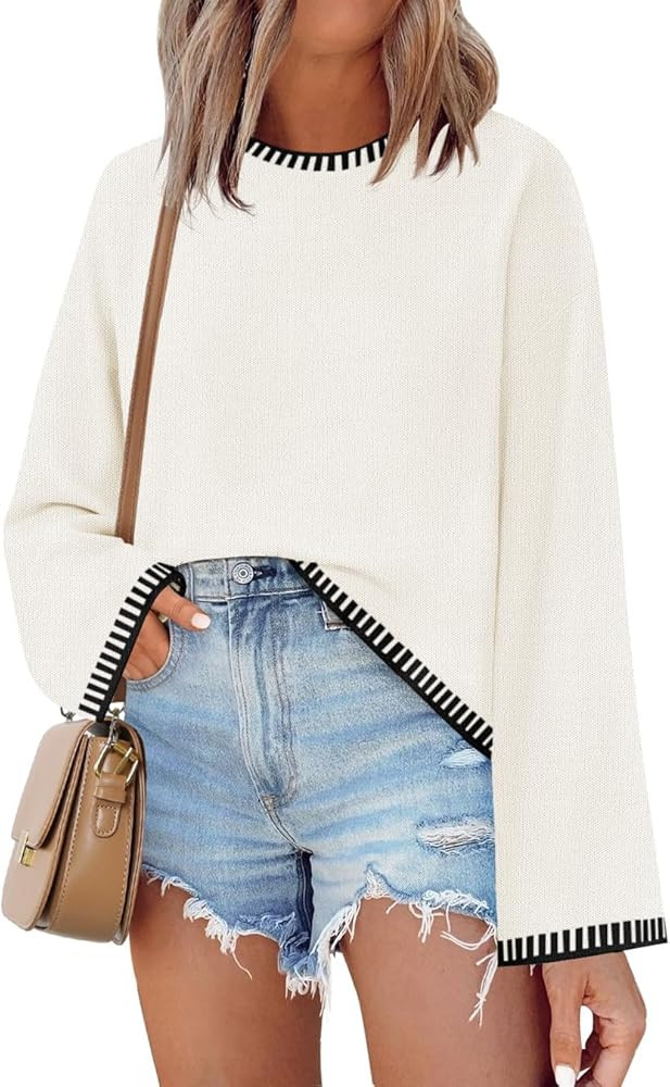 ZESICA Women's Oversized Long Sleeve Sweaters 2024 Fall Crewneck Color Block Loose Ribbed Knit Pu... | Amazon (US)