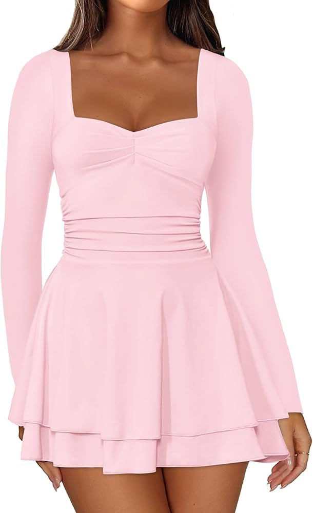 IWD Women's Square Neck Long Sleeve Mini Dress Ruched Corset Waist Tiered Ruffle Hem A Line Short... | Amazon (US)