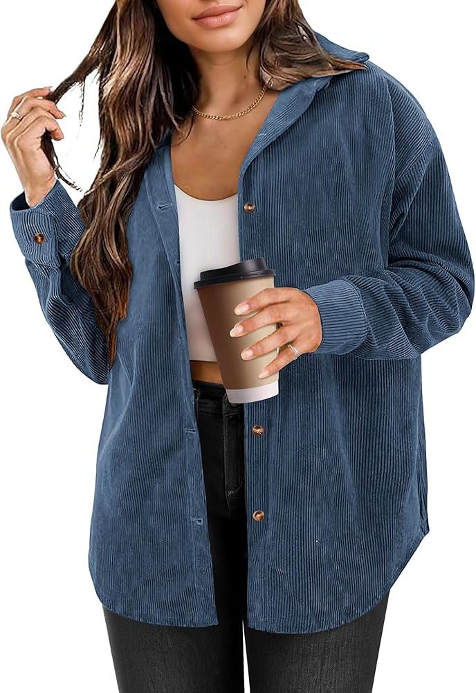 Womens Corduroy Button Down Shirts Long Sleeve Oversized Boyfriend Casual Blouses Tops | Amazon (US)