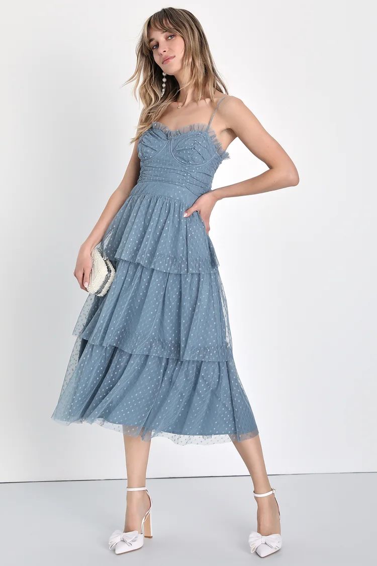 Sweetheart Style Slate Blue Polka Dot Bustier Tiered Midi Dress | Lulus (US)