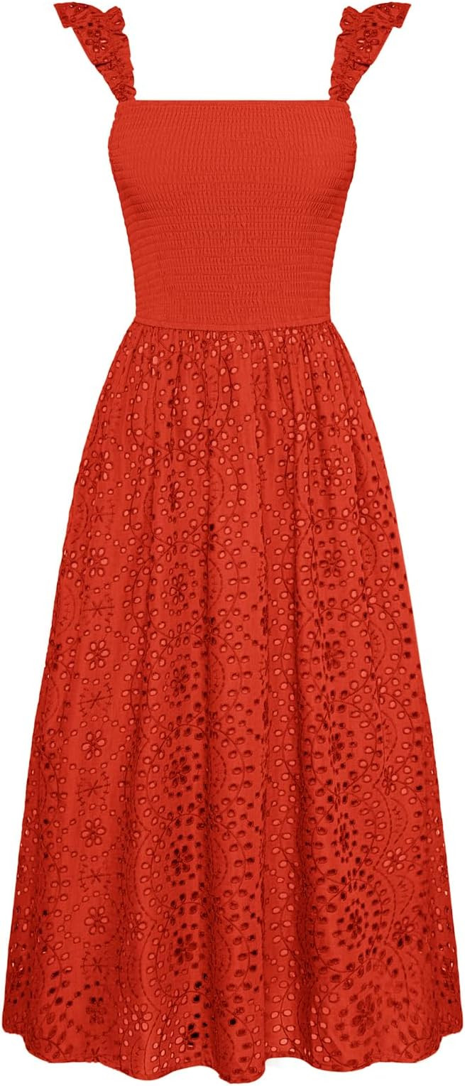 GRACE KARIN Women's 2025 Summer Ruffle Sleeve Midi Dress Square Neck Hollow Out Eyelet Smocked Be... | Amazon (US)