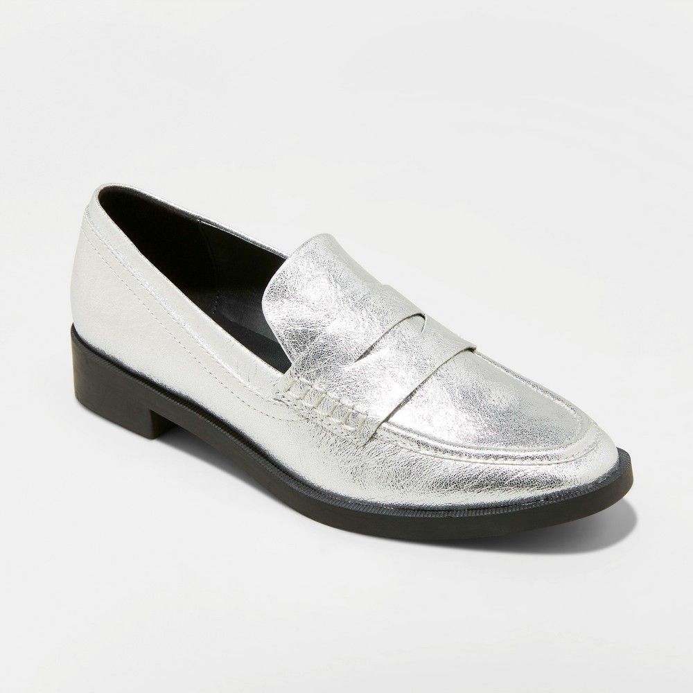 Women's Bernadette Faux Leather Metallic Penny Loafers - A New Day Silver 7 | Target