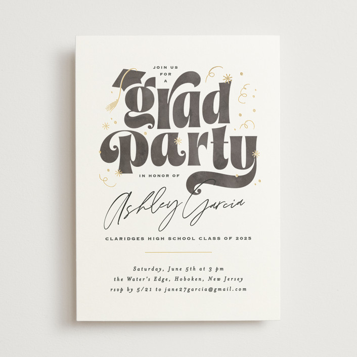 "Grad party type" - Customizable Foil-pressed Graduation Party Invitations in White by Creo Study... | Minted