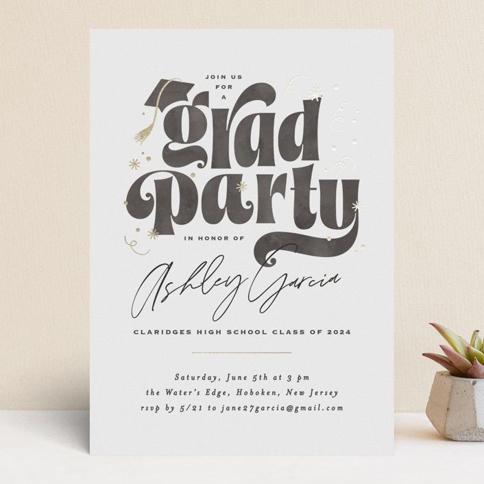 "Grad party type" - Customizable Foil-pressed Graduation Party Invitations in White by Creo Study... | Minted