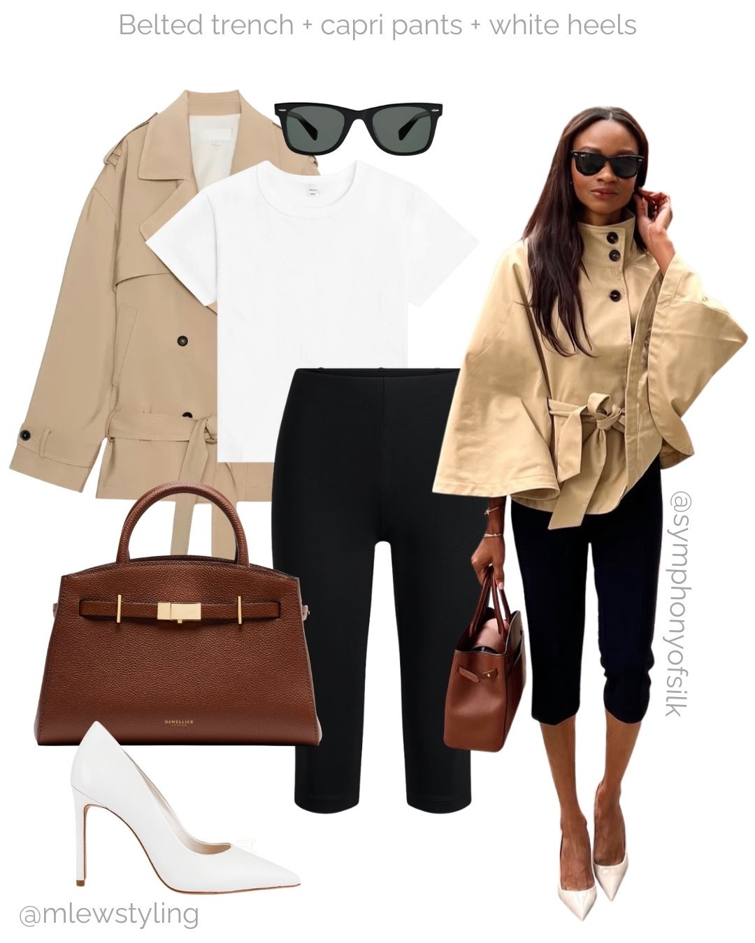 Spring transitional outfit with black capri pants 🖤

Inspired by @symphonyofsilk 
Tags: elevated outfit, belted trench coat, skims capri leggings, leset white tee, demellier tote bag, white high heel pumps, black sunglasses, capsule wardrobe, office outfit

#LTKshoes #LTKbag #LTKstyletip