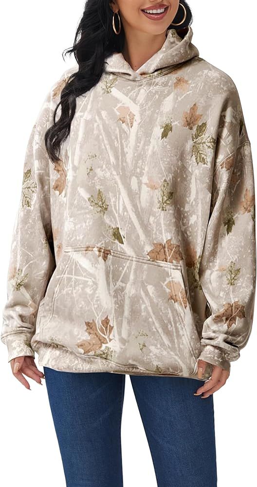 OLAPTA Women Camo Maple Leaf Print Oversized Hoodies Long Sleeve Fleece Pullover Drop Shoulder Ho... | Amazon (US)