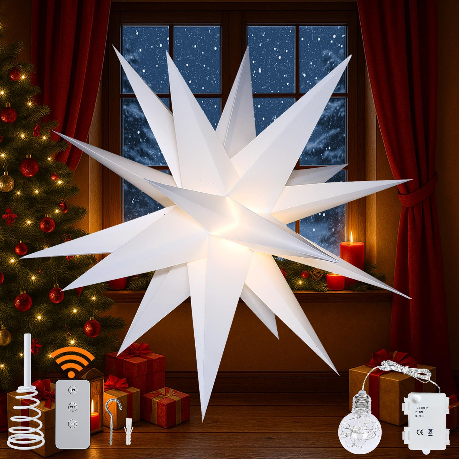 18" Moravian Star Outdoor Light, Moravian Star Christmas Decorations Tree Topper Lighted Battery ... | Amazon (US)