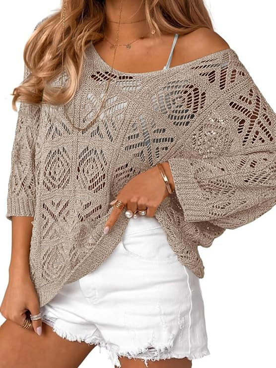 Saodimallsu Womens Crochet Cover Up Top Summer 3/4 Sleeve Off Shoulder Sweater Shirts Mesh Boho B... | Amazon (US)
