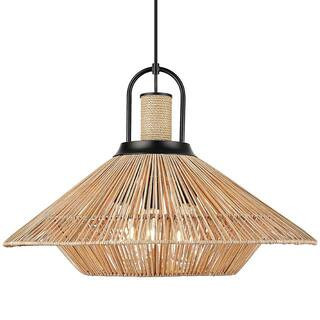 Wood 3-Light Hand-Woven Black Hanging Pendant Chandelier for Kitchen Island with Rattan Shade with No Bulbs Included | The Home Depot