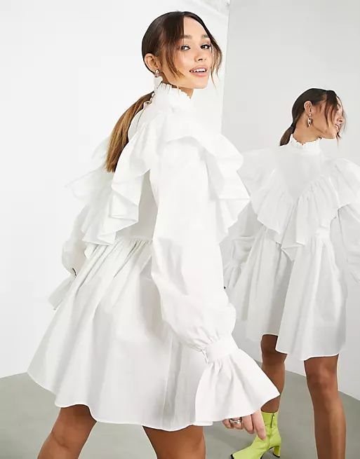 ASOS EDITION high neck ruffle mini dress with oversized cuff in white | ASOS (Global)