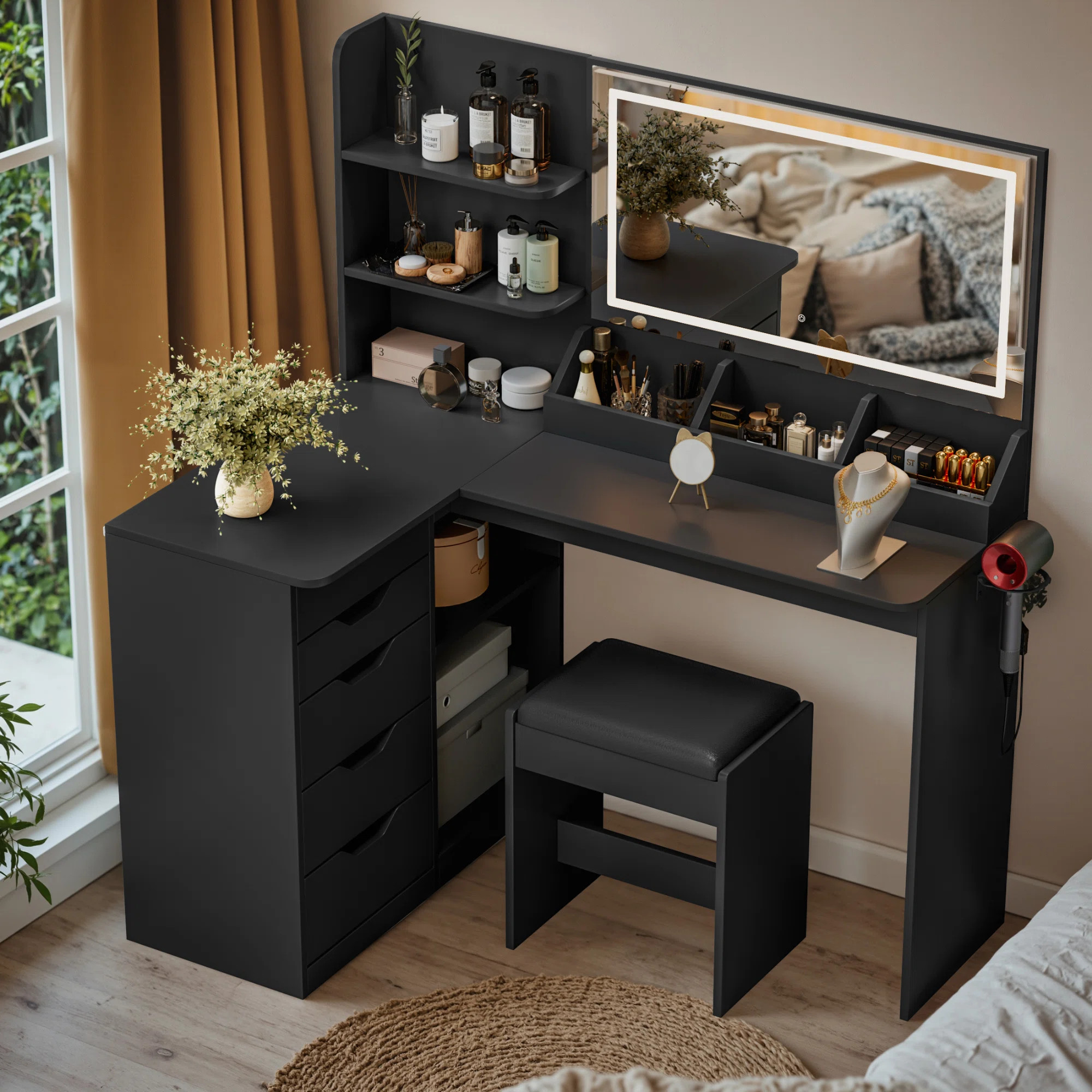 Corner Makeup Vanity Desk with Lights and Mirror, 47" L Shaped Vanity Set with Cushioned Stool& C... | Wayfair North America