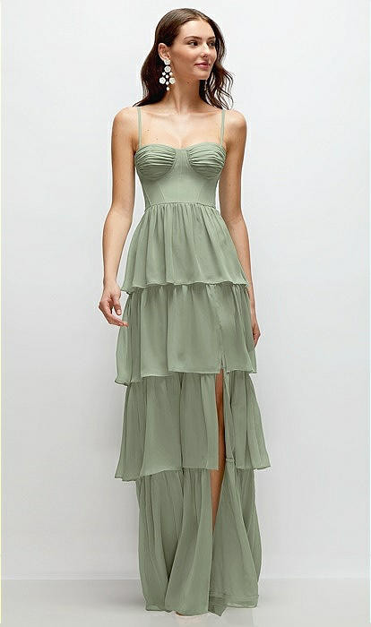 Bustier-Style Chiffon Tiered Ruffle Maxi Dress with Adjustable Straps in Sage | Dessy Group