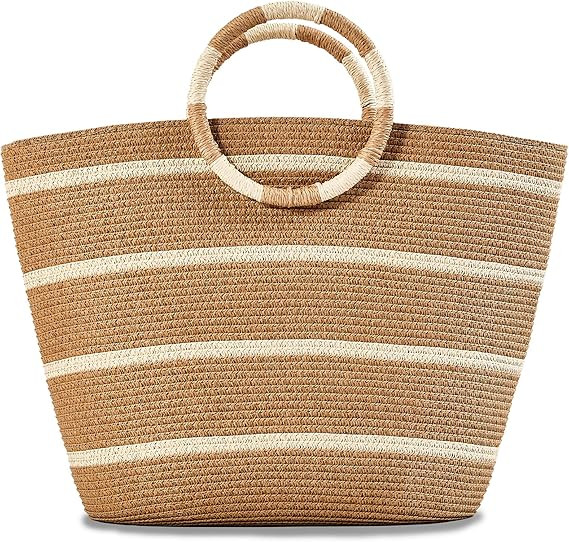 Beach Bags for Women Straw Tote Bag Summer Beach Bag Large Woven Straw Tote for Vacation Holiday | Amazon (US)