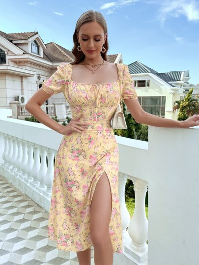Split Thigh Floral Milkmaid Dress | SHEIN