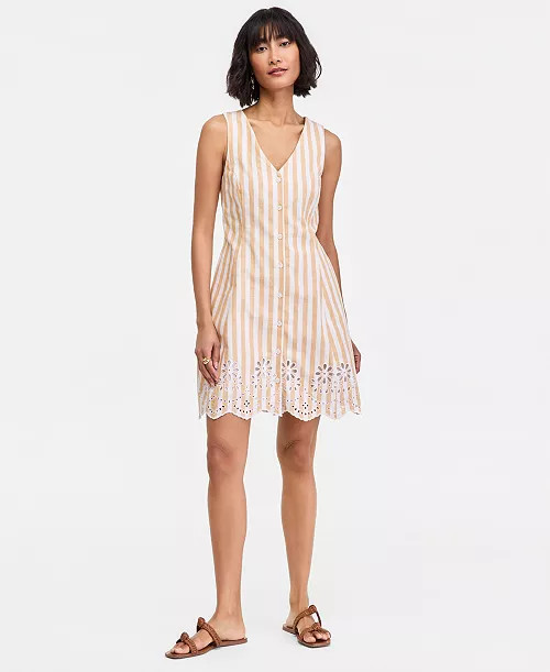 On 34th Women's Striped Linen Blend Embroidered Button-Front Mini Dress, Macy's Exclusive - Macy'... | Macy's