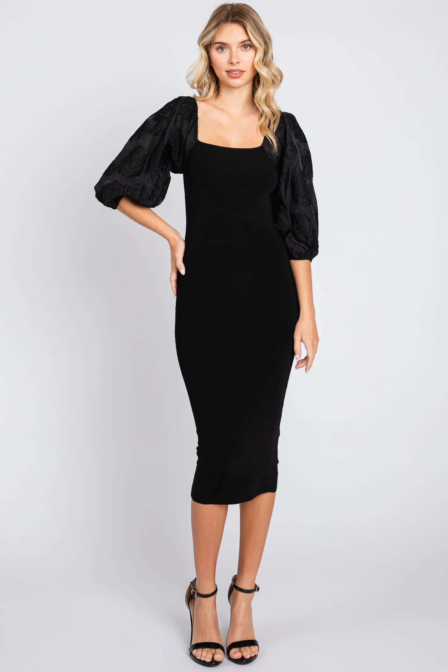 Black Floral Puff Sleeve Midi Dress | PinkBlush Maternity