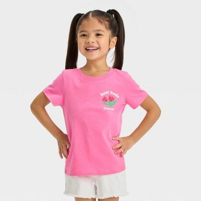 Toddler Girls' 'Best Buds' Short Sleeve T-Shirt - Cat & Jack™ Pink 12M: Floral Emoji Graphic, C... | Target