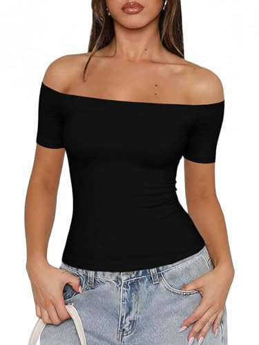 Fisoew Womens Off The Shoulder Crop Tops Short Sleeve Cute Sexy T-Shirts Y2K Summer Basic Tee Going Out Tops Black | Amazon (US)