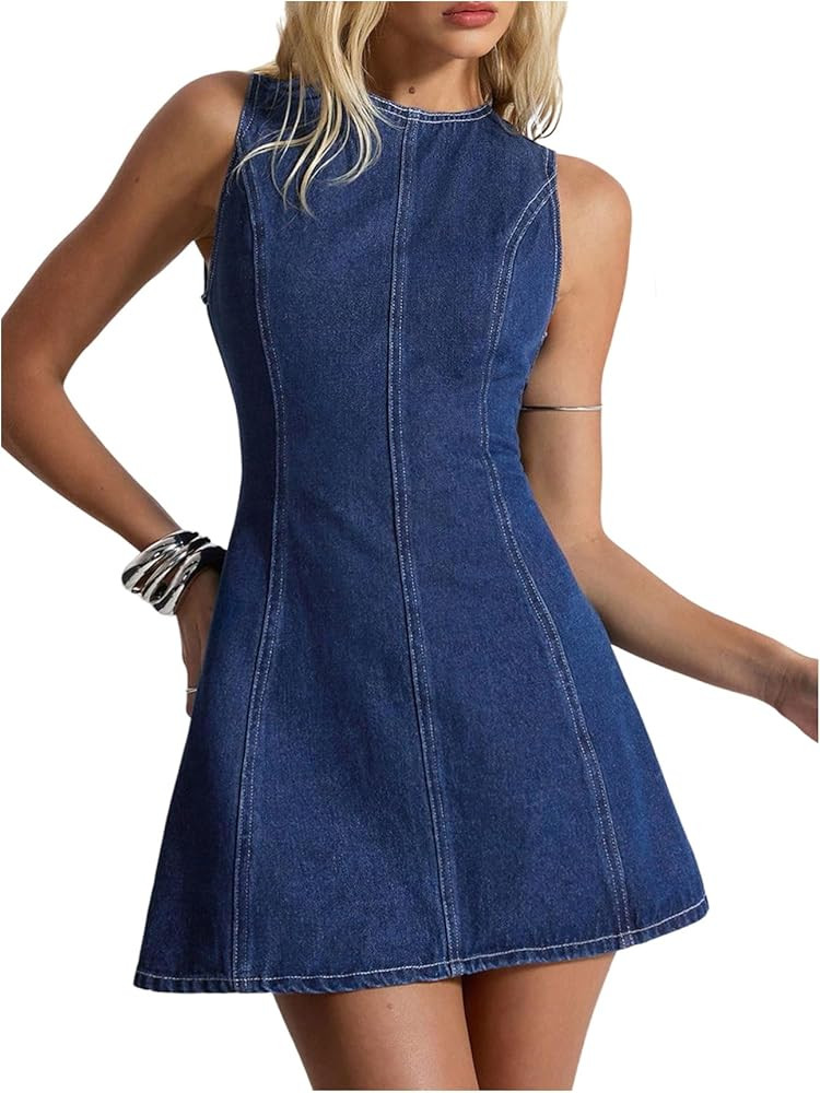 WDIRARA Women's Backless A Line Denim Dress Y2k Bow Sleeveless Flared Hign Waist Short Dresses | Amazon (US)