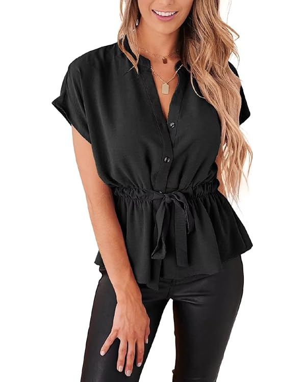 Womens Button Down Blouses Casual Peplum Summer Tops Dressy Chiffon Work Blouse | Amazon (US)