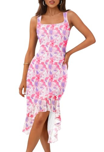 MEROKEETY Women's 2026 Summer Floral Bodycon Dress Square Neck Sleeveless Ruffle Cocktail Mesh Be... | Amazon (US)