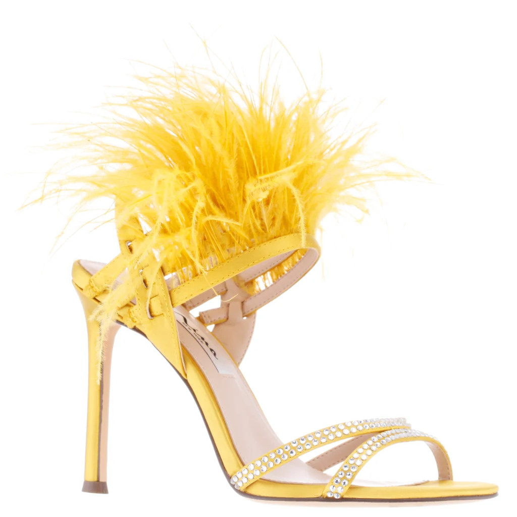 DALVA-OCHRE  SATIN CRYSTAL FEATHER STILETTO SLINGBACK DRESS SANDAL | Nina Shoes