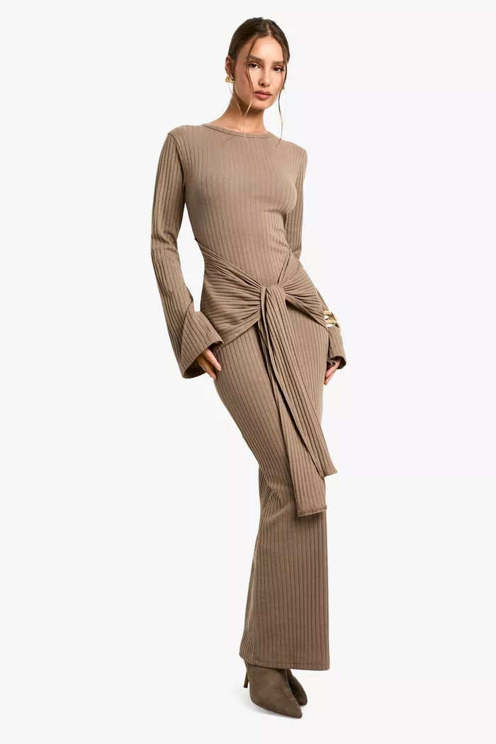 Wide Rib Ruched Tie Maxi Dress | boohoo (US & Canada)