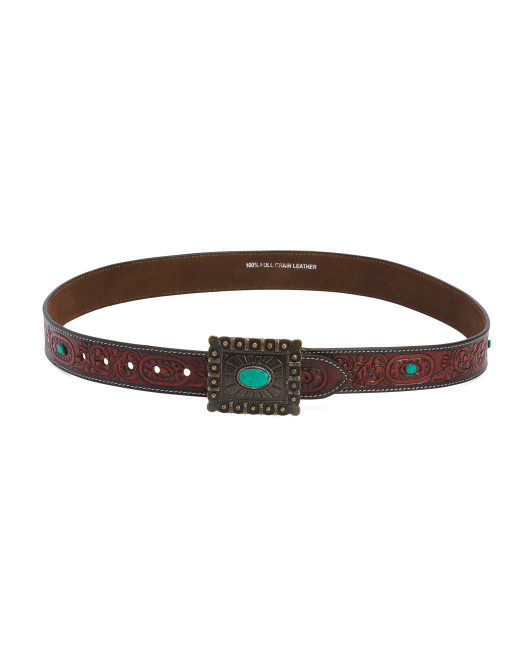 Leather Tooled Belt With Turquoise Stone Accents | Western | Marshalls | Marshalls