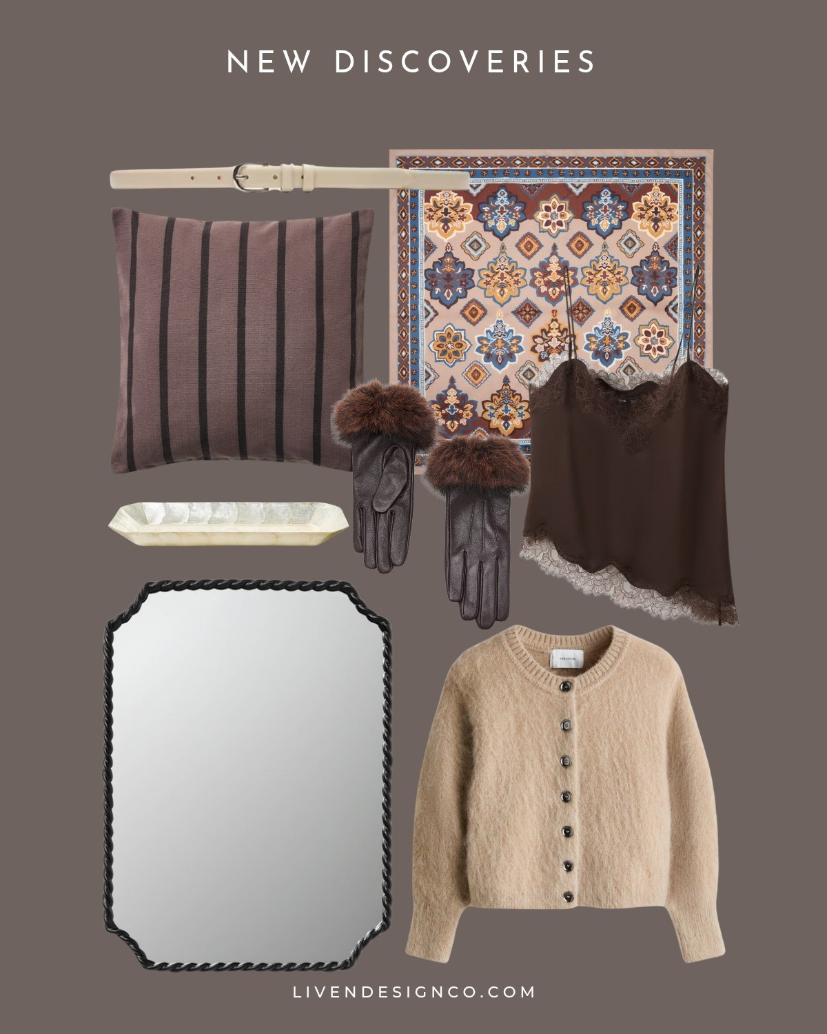 New discoveries. Winter style. Mohair cardigan. H&M. Beige sweater. Wrought iron mirror. Studio Mcgee Target. Home decor. Mango Home. Throw pillows. Living room. Silk scarf. Paisley scarf. Satin cami. Brown lace cami. Fur trimmed leather gloves. Decorative tray. Capiz shell tray. Cream belt. 

#LTKSeasonal #LTKHome #LTKFindsUnder100