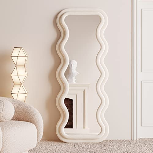 BOJOY Full Length Mirror 63"x24", Irregular Wavy for Standing Hanging or Leaning Against Wall for Bedroom, Flannel Wrapped Wooden Frame-White | Amazon (US)