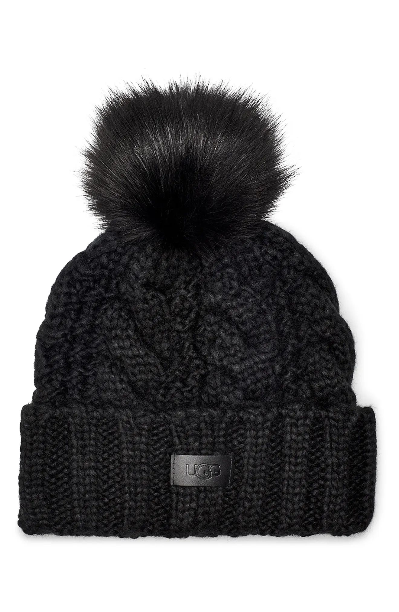UGG(R) Cable Knit Beanie with Faux Fur Pom in Black at Nordstrom | Nordstrom