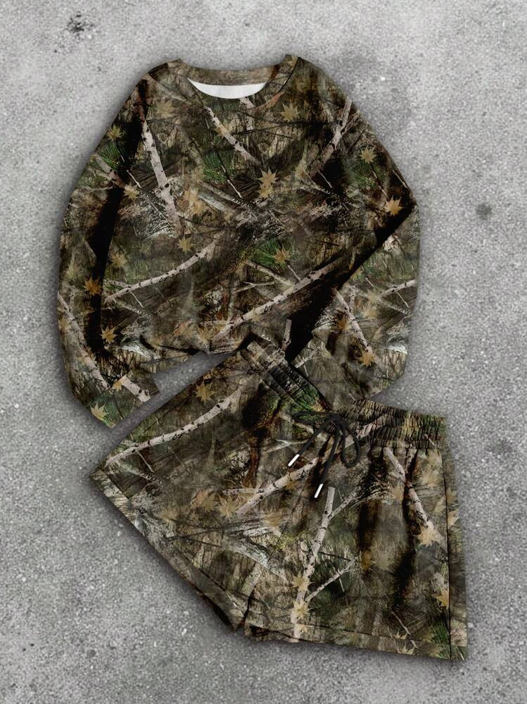 INAWLY Women Casual Camouflage Tree Branch & Leaf Letter Print Round Neck Sweatshirt And Drawstri... | SHEIN