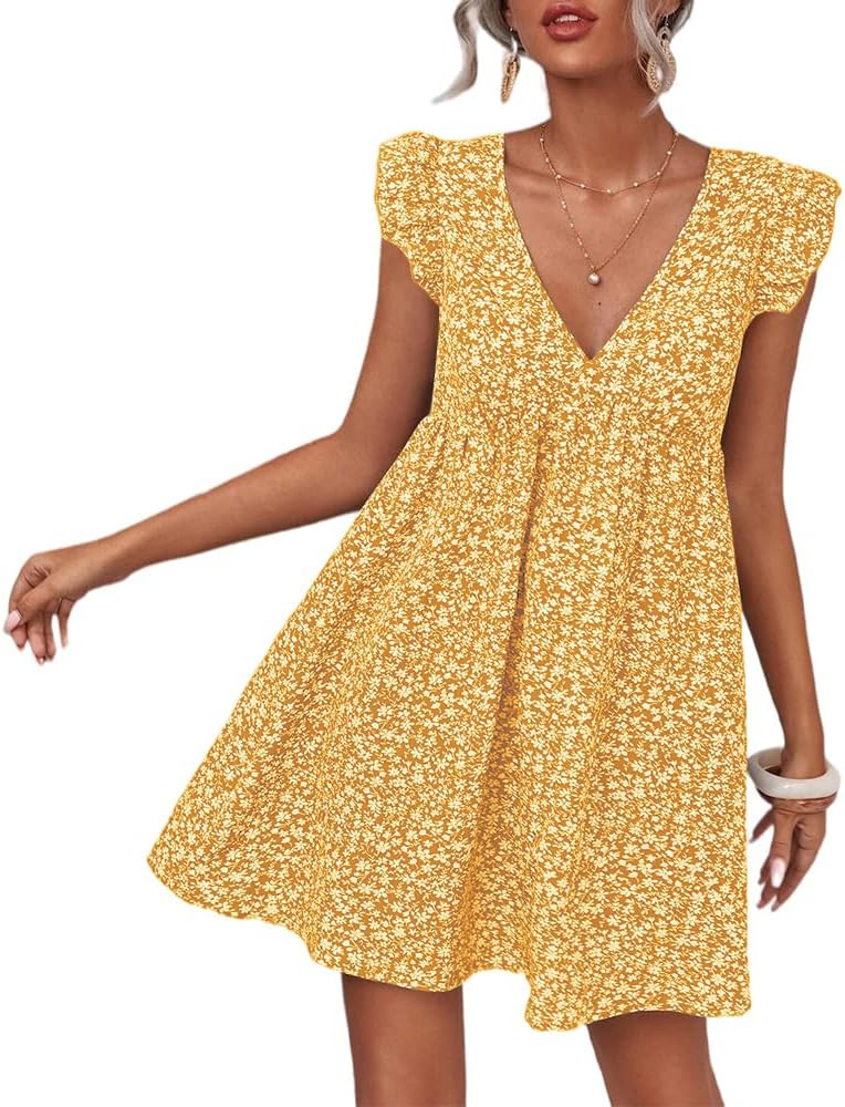 Women Boho Floral Summer Dresses Casual Backless V Neck Mini Dress Ruffle Beach Sundress | Amazon (US)