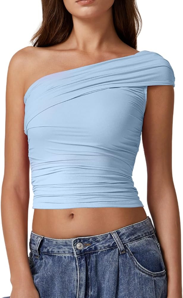 QINSEN Womens Sleeveless Foldover Top Double Lined One Shoulder T Shirts Summer Trendy Going Out ... | Amazon (US)
