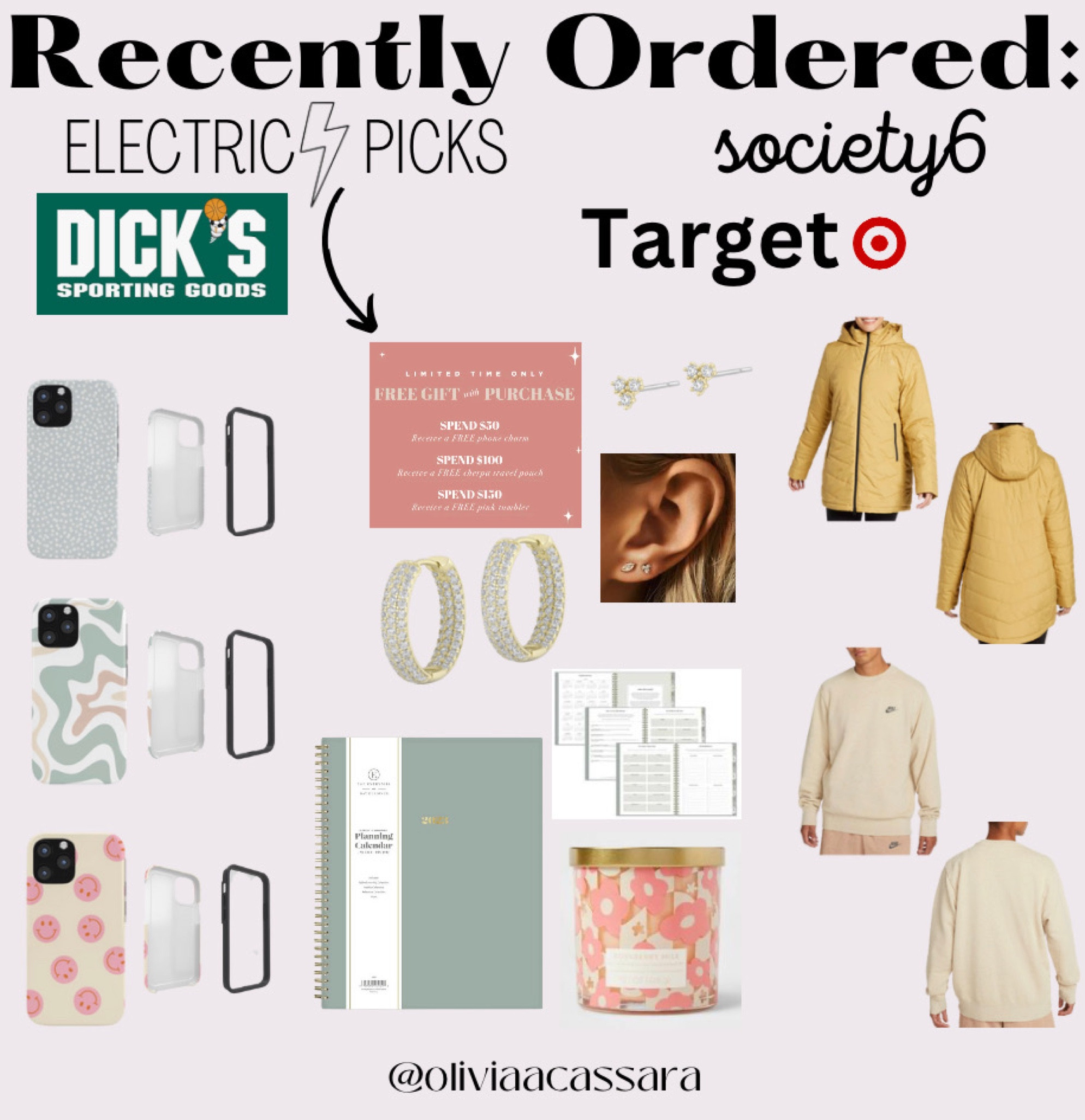 Here are some new items I recently ordered! 
•Dicks Sporting Goods
•Electric Picks 
•Society6
•Target 
I picked out a new crew neck sweater for my honey, bought myself a new parka coat, found a 2023 planner that was super cute and bought some fun earrings and a couple new phone cases for the spring season!! Ohh, & of course a new candle 🫶🏼!! LMK what you guys think! 

#LTKsalealert #LTKGiftGuide #LTKSeasonal