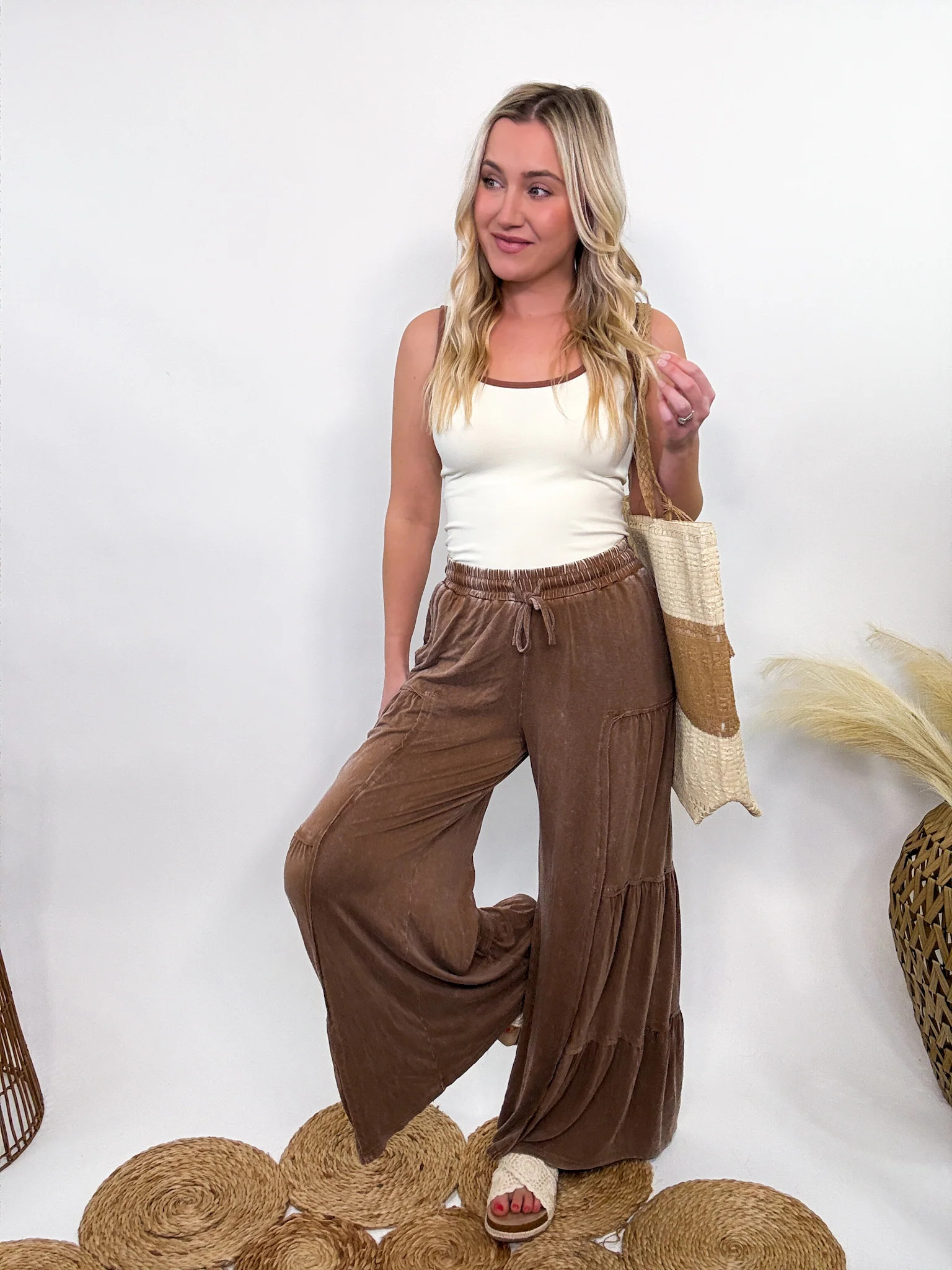 Brown Acid Washed Tiered Flared Wide Leg Boho Pants | Bmaes Boutique