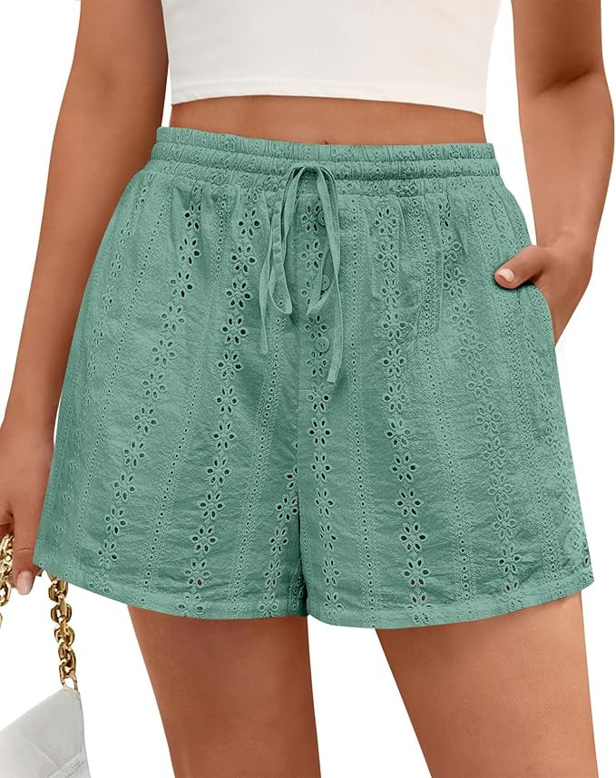 KIRUNDO Shorts for Women Summer Casual Lace Elastic Waist Drawstring Cute Eyelet Boho Lounge Shor... | Amazon (US)