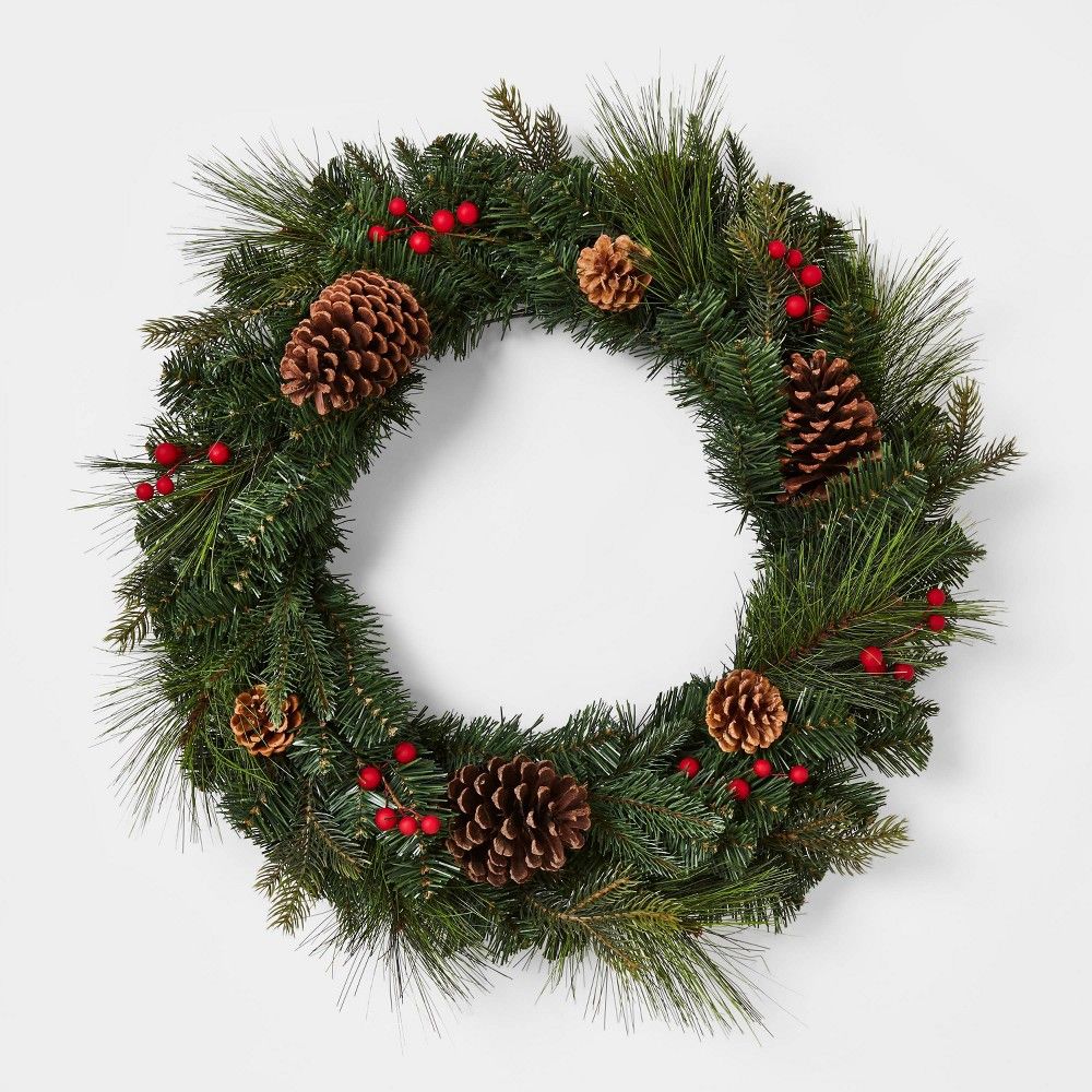 24in Unlit Red Berry & Pinecone Mixed Artificial Pine Christmas Wreath - Wondershop™ | Target