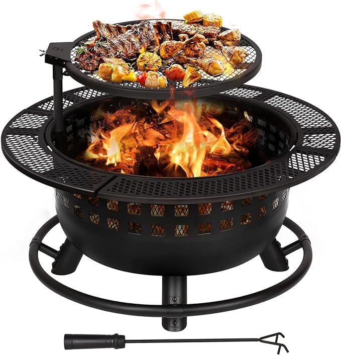 Hykolity 2 in 1 Fire Pit with Swivel Cooking Grill, 32" Wood Burning Fire Pit Outdoor Firepit wit... | Amazon (US)