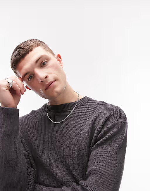 Topman knit ribbed crewneck sweater in charcoal | ASOS (Global)