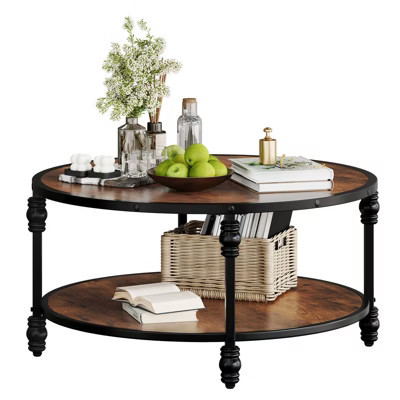34.5 " Round Coffee Table, 2 Tier Center Table with Storage Shelf, Wooden Industrial Circle Coffee Table with Metal Frame, Rustic Brown | Target