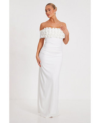 QUIZ Women's Scuba Crepe Bardot Maxi With 3D Floral Trim - Macy's | Macy's