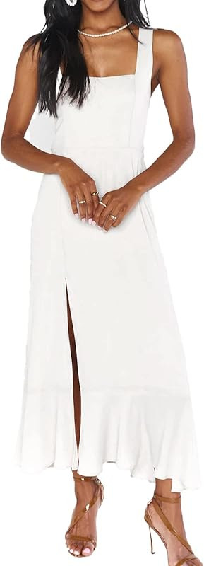 Nommo Women's Elegant Split Dress Dress French Square Neck Ruffle Split Midi Senior Dress Wedding... | Amazon (US)