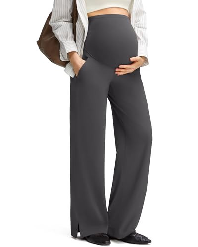 G4Free Maternity Pants for Work Comfy Stretchy Wide Leg Casual Trousers Over Bump Pregnancy Slack with Pockets(Dark Gray,M,Tall) | Amazon (US)